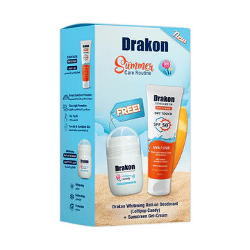 Drakon Whitening Roll-On Deodorant Lollipop candy + Sunscreen Gel Cream Dry Touch SPF50+ UVA/UVB & Blue Light Protection For all Skin Type, (1+1)- 50ml +60gm